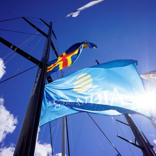 Mast på segelbåt med Alandias flagga vajandes i solskenet, nedanför åländska flaggan.